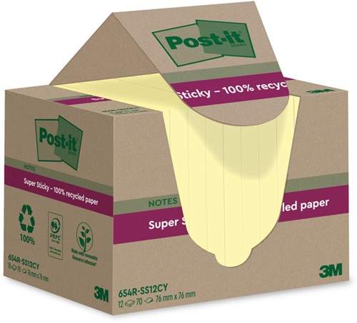 Memoblok Post-it Super Sticky 654 RSS12CY recycled 76x76mm canary yellow 12 stuks-2