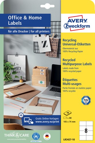 Etiket Avery LR3427-10 105x74 mm recycled wit 80 stuks