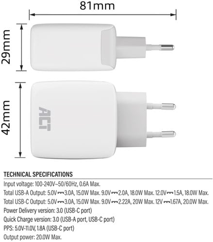 Oplader ACT 20w 2-poorts usb a+c wit-1