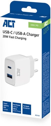 Oplader ACT 20w 2-poorts usb a+c wit-2