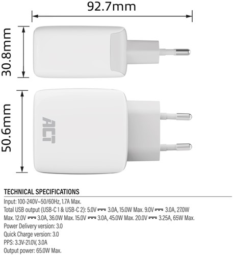 Oplader ACT 65w 2-poorts usb c wit-1