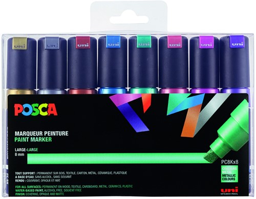 Paintmarker Uni POSCA PC8K breed schuin metallic assorti set à 8 stuks