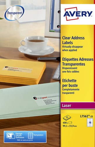 Etiket Avery L7562-25 99.1x33.9mm transparant 400 stuks