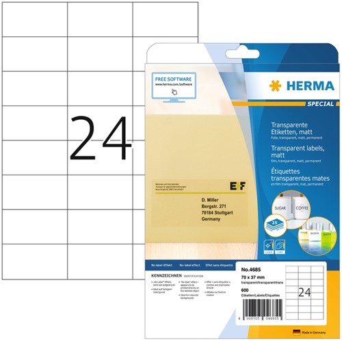 Etiket HERMA 4685 70x37mm transparant 600 stuks