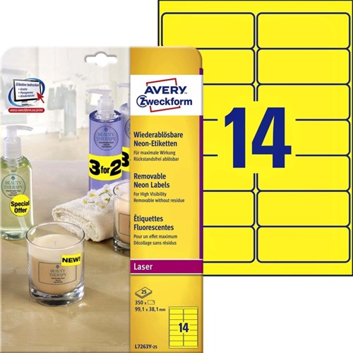 Etiket Avery L7263Y-100 99.1x38.1mm neon geel 1400 stuks