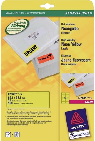 ETIKET AVERY L7263Y-25 99.1X38.1MM NEON GEEL 340ST-2